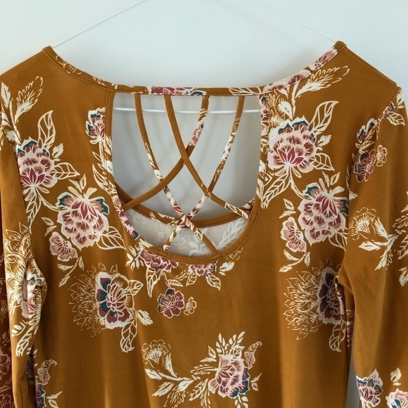 Mudd floral dress cut out back, long sleeve midi tunic dress. Mustard yellow M - Picture 5 of 7